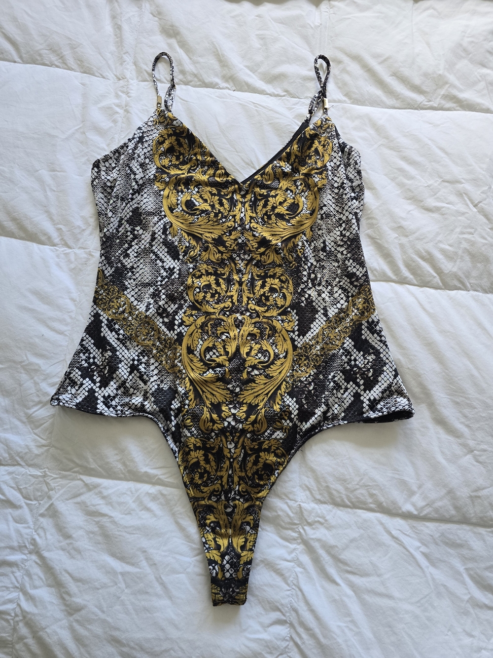 Guess Black, White & Yellow Baroque Print Body Suit
